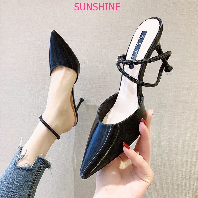 Giày cao gót gót nhọn 7p quai đính đá sang chảnh, sục cao gót hot mùa đông 2023  Sunshine Store A067