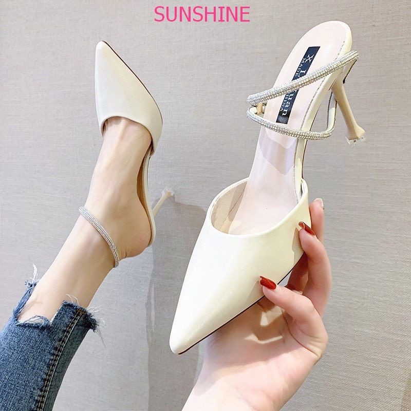 Giày cao gót gót nhọn 7p quai đính đá sang chảnh, sục cao gót hot mùa đông 2023  Sunshine Store A067