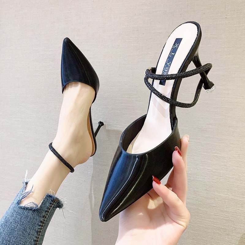 Giày cao gót gót nhọn 7p quai đính đá sang chảnh, sục cao gót hot mùa đông 2023  Sunshine Store A067