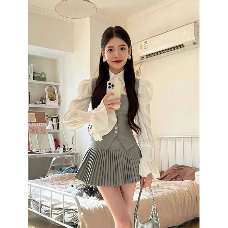 Set 3 Món Set áo sơ mi gile kèm chân váy xếp ly cạp cao tiểu thư