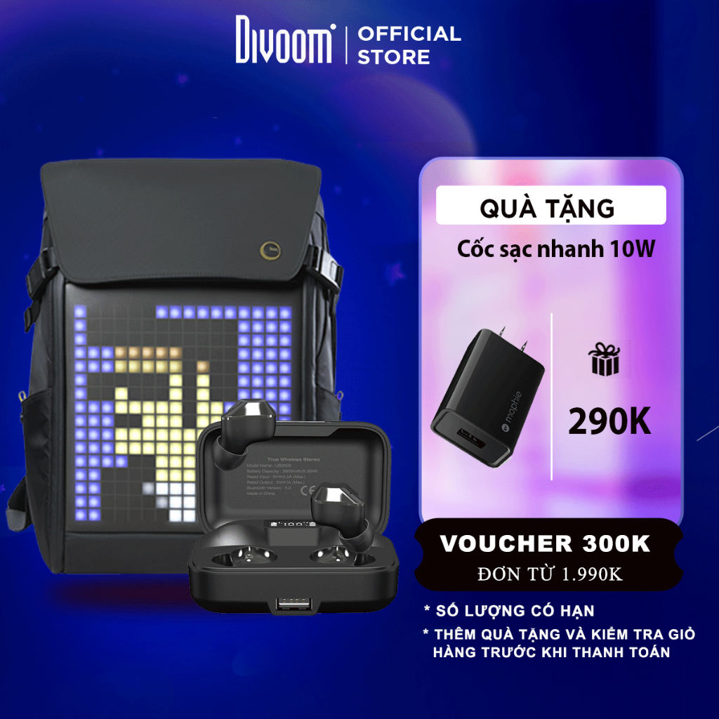 Combo Balo Divoom Backpack-M hiển thị màn hình LED và tai nghe Ener UB2609