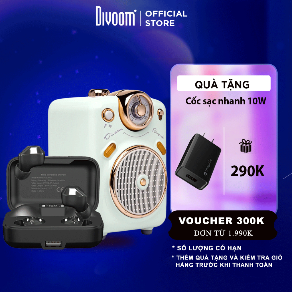 Combo Loa Bluetooth Divoom Fairy-Ok công suất 10W kết hợp micro karaoke và tai nghe ener UB2609