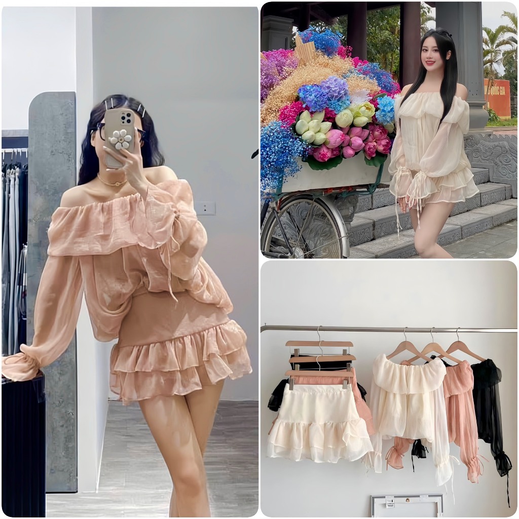 Sét Váy Von Ulzzang Trễ Vai Bèo Vai Nhún Phồng + Chân Váy Xoè