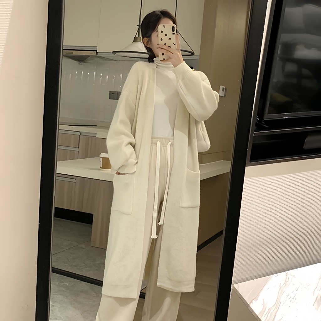 Áo Cardigan Nỉ Tăm Dáng Dài Màu Be Form Rộng Ulzzang