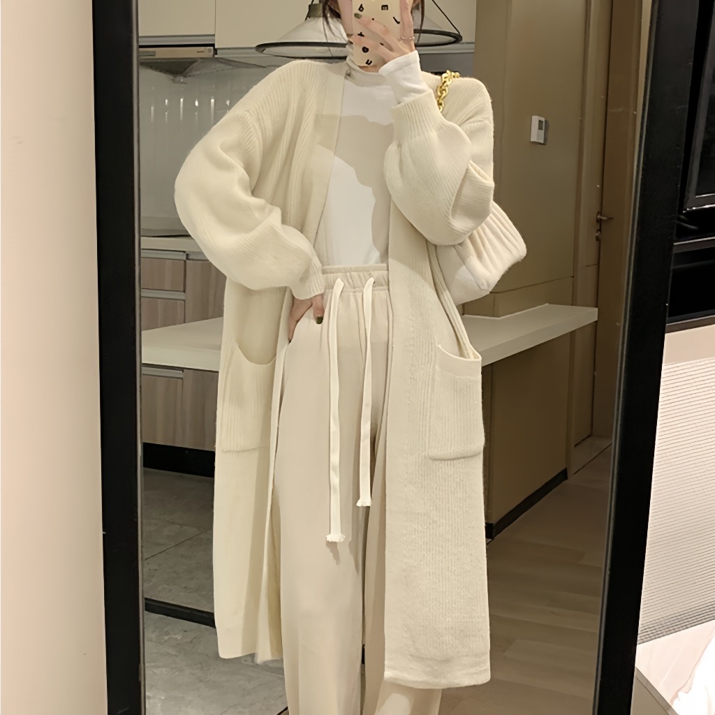 Áo Cardigan Nỉ Tăm Dáng Dài Màu Be Form Rộng Ulzzang