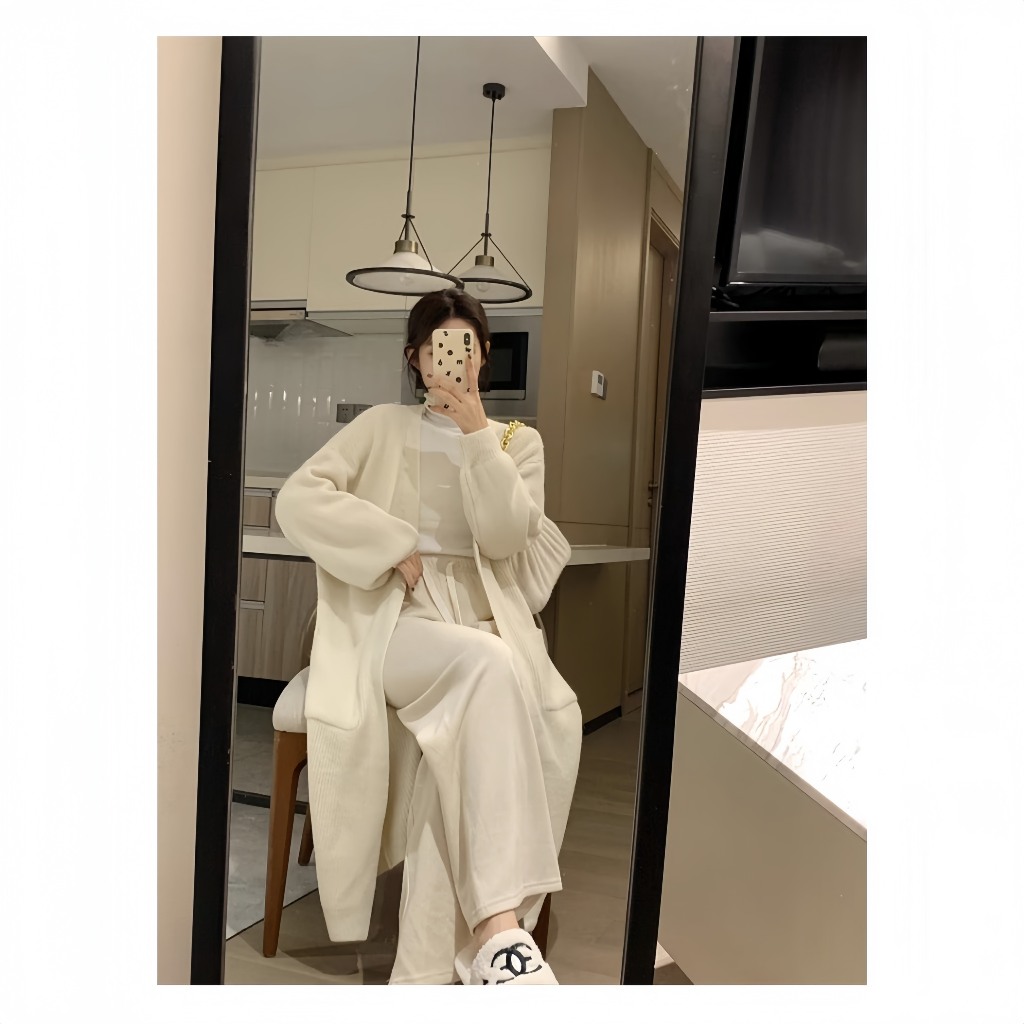 Áo Cardigan Nỉ Tăm Dáng Dài Màu Be Form Rộng Ulzzang