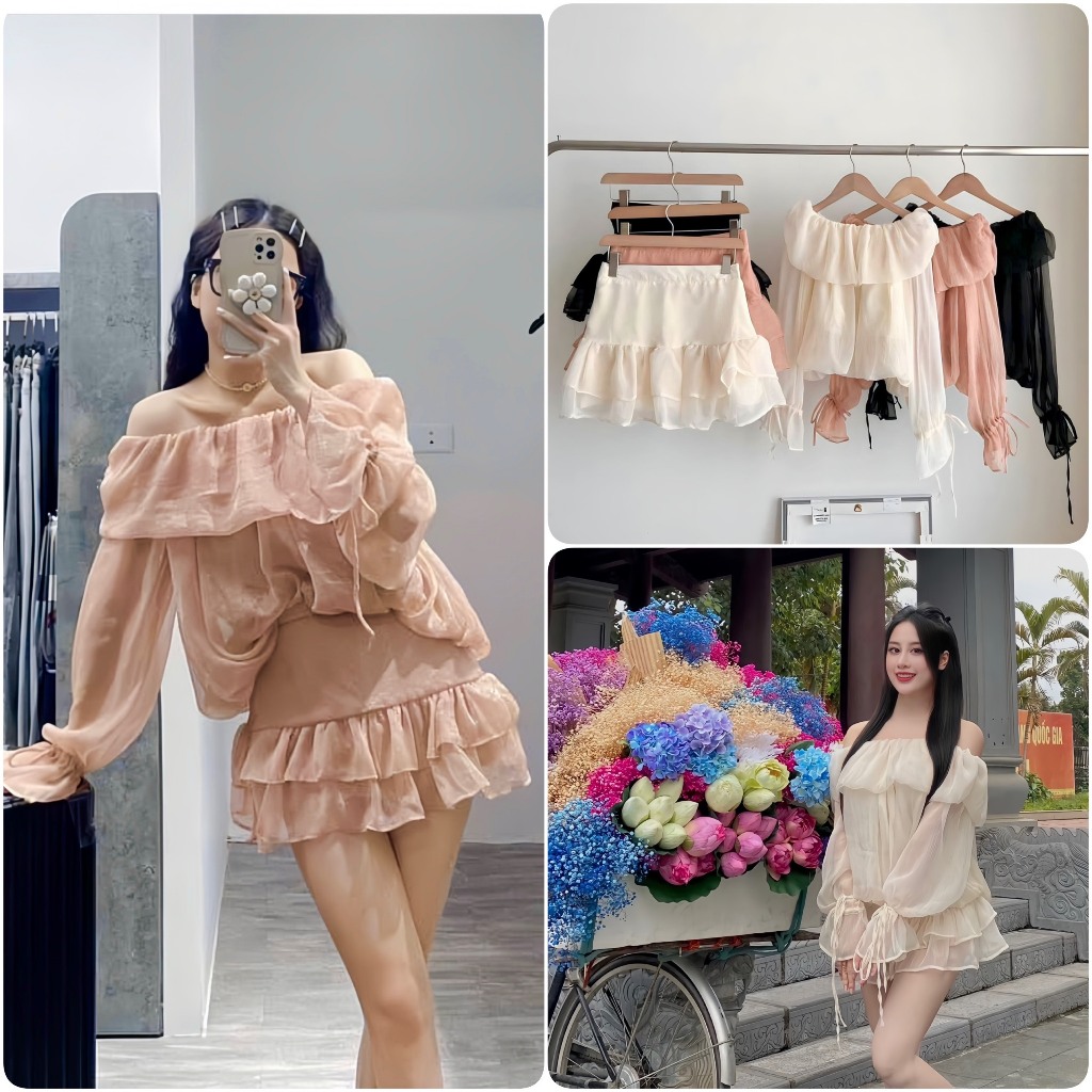 Sét Váy Von Ulzzang Trễ Vai Bèo Vai Nhún Phồng + Chân Váy Xoè