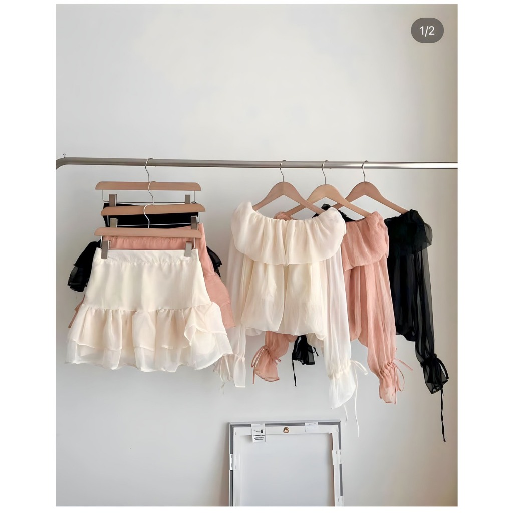 Sét Váy Von Ulzzang Trễ Vai Bèo Vai Nhún Phồng + Chân Váy Xoè