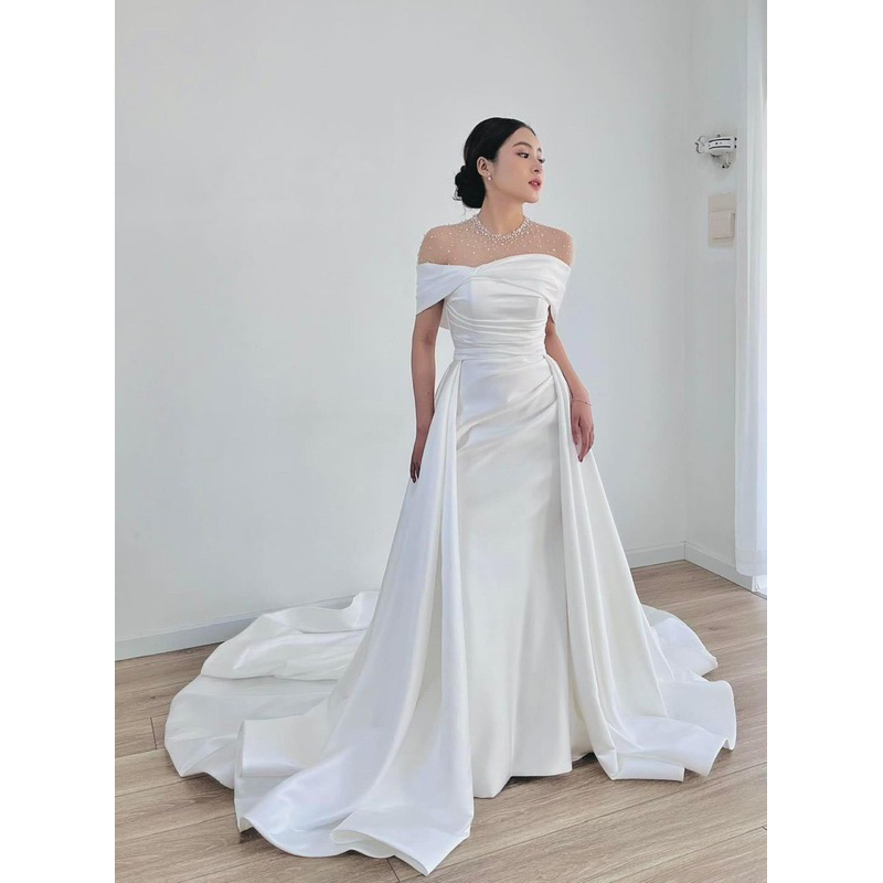 Đầm dự tiệc váy cưới cô dâu đi bàn hai kiểu nhẹ nhàng tiểu thư Hanje