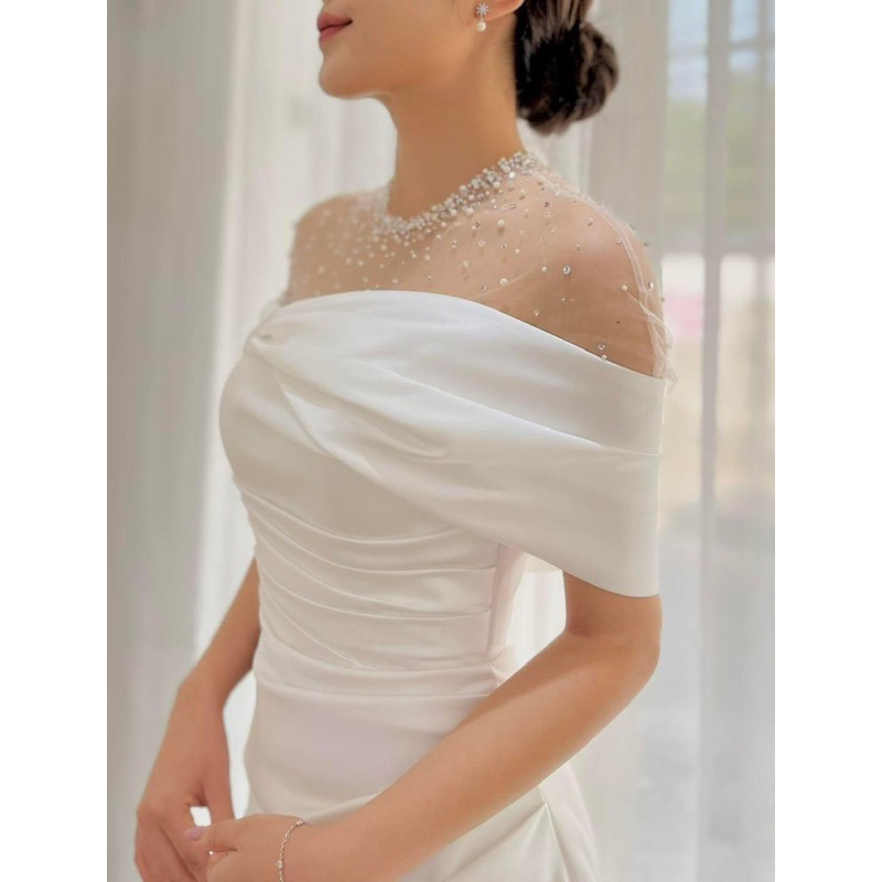 Đầm dự tiệc váy cưới cô dâu đi bàn hai kiểu nhẹ nhàng tiểu thư Hanje