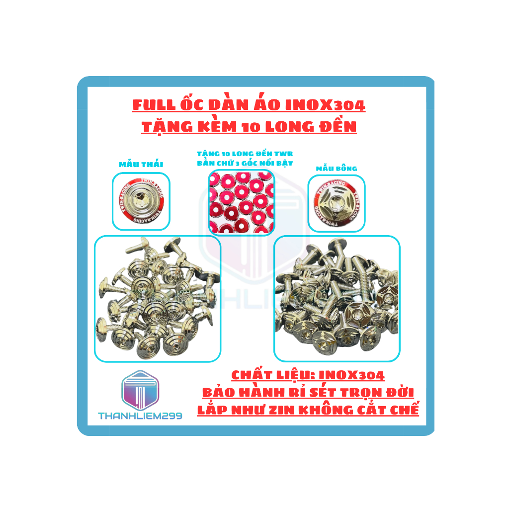 FULL ỐC DÀN ÁO INOX304 TẶNG 10 LONG ĐỀN