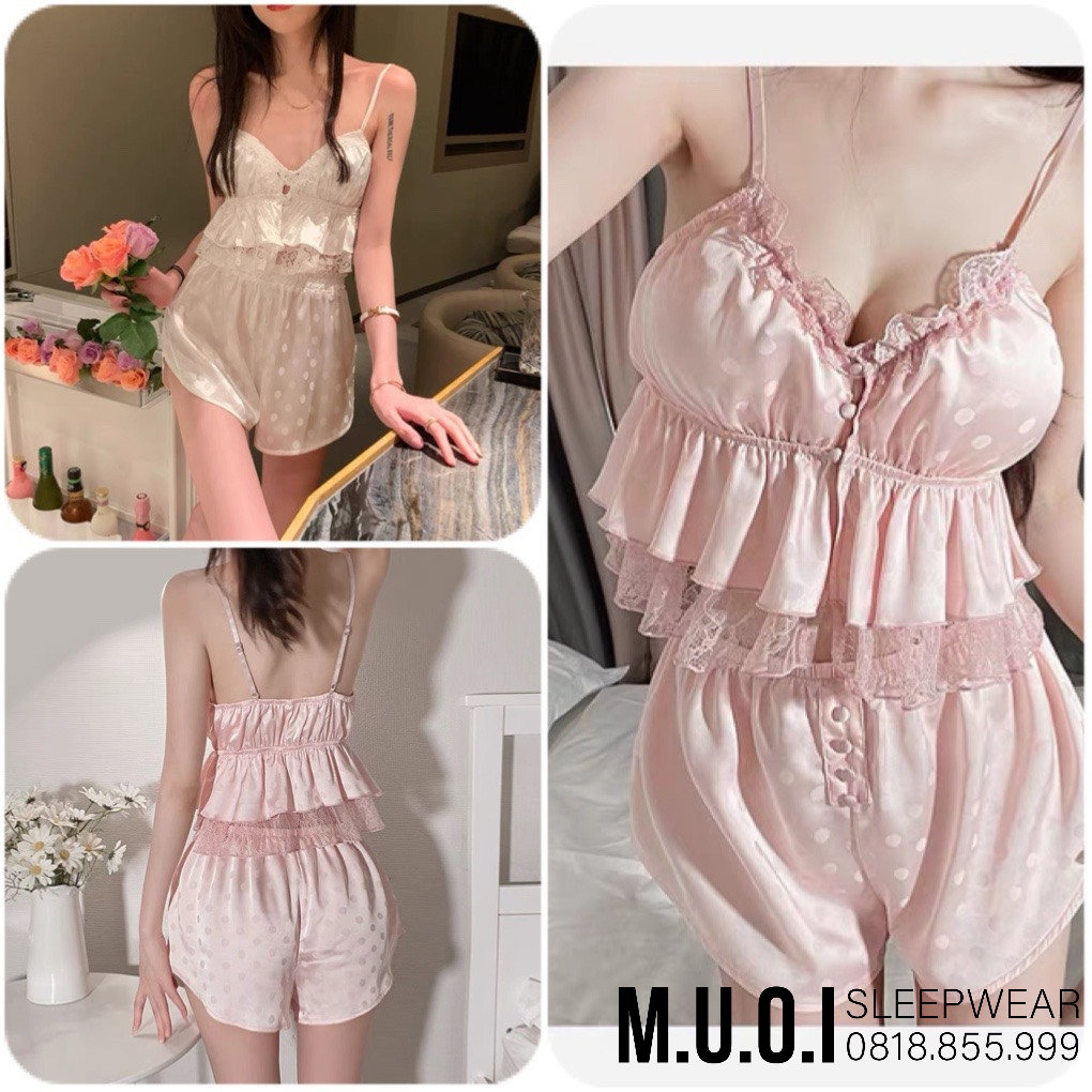 Bộ đồ ngủ lụa phối ren chấm bi hot hit kèm mút ngực - hàng chuẩn QUẢNG CHÂU cao cấp(video+ảnh thật) SX 335