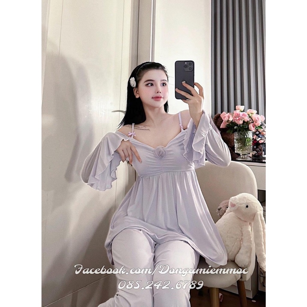 Set bộ đồ ngủ thun Hàn tay chuông trễ vai MIEMMOC - SX 337 - QUẢNG CHÂU cao cấp- Sẵn( video+ảnh thật)
