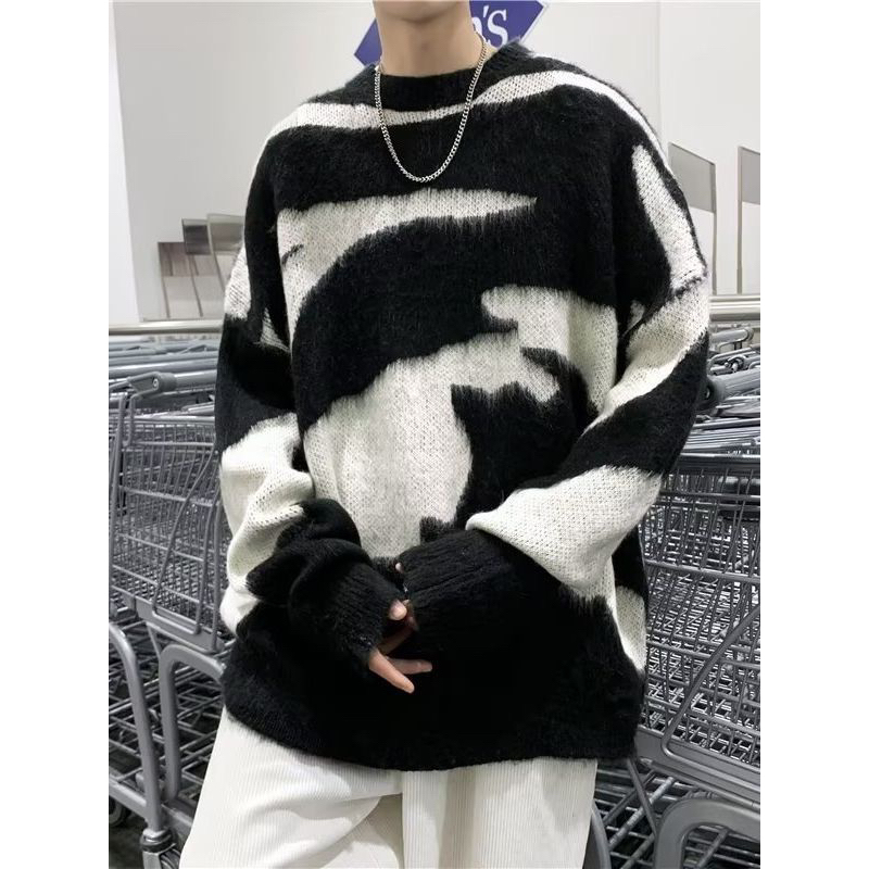 Áo len nam lông thỏ hoạ tiết đen trắng phong cách