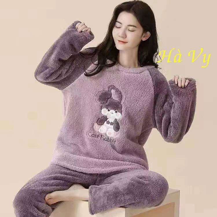 Bộ đồ ngủ bông lông 2 mặt mặc nhà, quần áo giữ nhiệt, siêu nhẹ, ấm áp