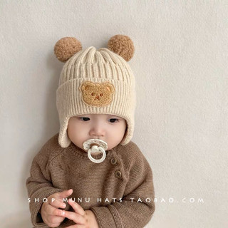 Mũ len , nón len bịt tai thêu hình gấu mềm mại giữ ấm mùa đông cho bé . mũ len bé trai , bé gái