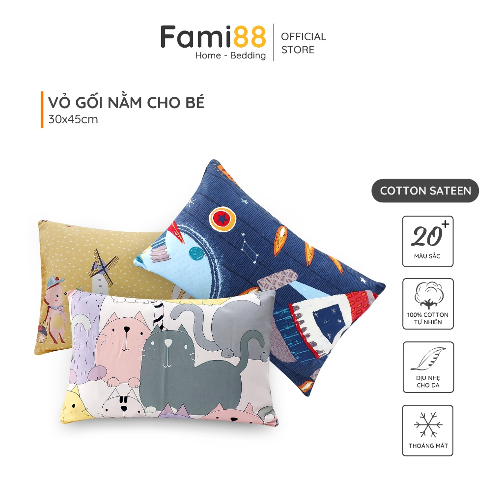 Vỏ gối 30x45cm cho bé trai bé gái Fami88 cao cấp, bao áo gối họa tiết trẻ em cotton sateen 100% sợi tự nhiên mềm mát.