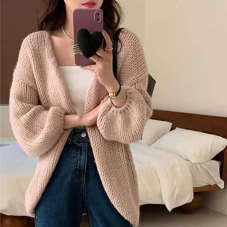 Áo khoác cardigan len tay phồng nữ freesize, áo cardigan nữ form rộng khoác ngoài không cúc