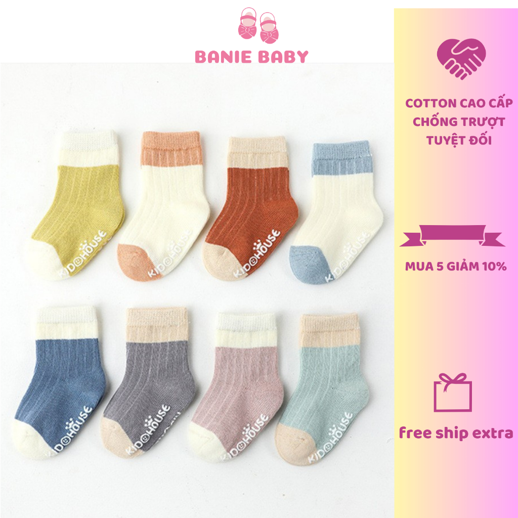 Tất trẻ em tất cho bé KID HOUSE cotton 100% chống trượt trơn, mềm mại 8 màu cho bé trai, bé gái đi thu đông BANIE BABY
