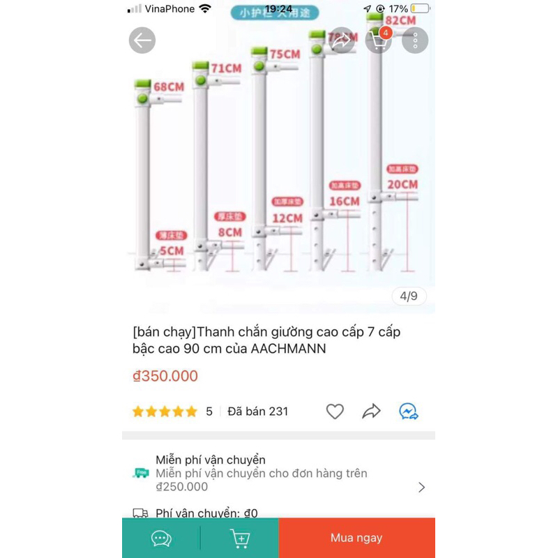 Pas thanh chắn giường 1,6m cao 70cm