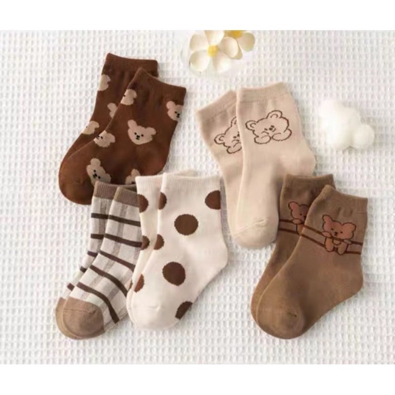 Sét 5 đôi tất GẤU NÂU CHẤM BI mới chất đanh dày đẹp