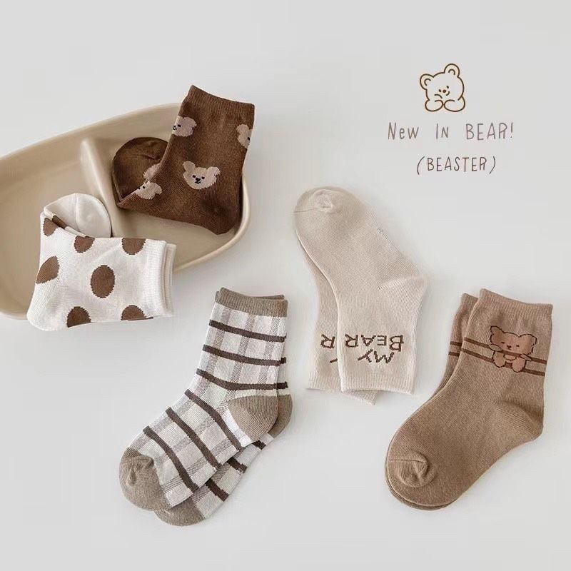 Sét 5 đôi tất GẤU NÂU CHẤM BI mới chất đanh dày đẹp