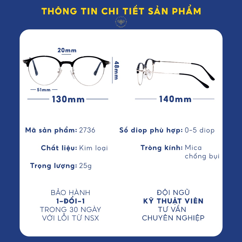 Gọng kính cận nam nữ LILYEYEWEAR mắt kính tròn gọng kính kim loại màu sắc thời trang 272336