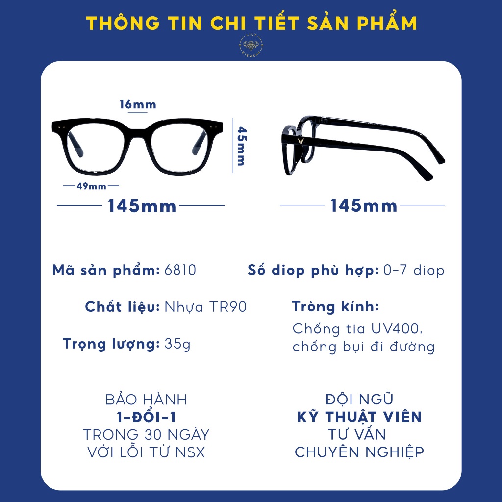 Gọng kính cận nam nữ mắt vuông chữ V phụ kiện thời trang Lilyeyewear 682310