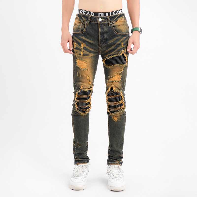 Quần Jeans Vá Da Đen AMIRI, 4 Cúc Màu Nâu Phủ, Chuẩn Likeat Loại 1