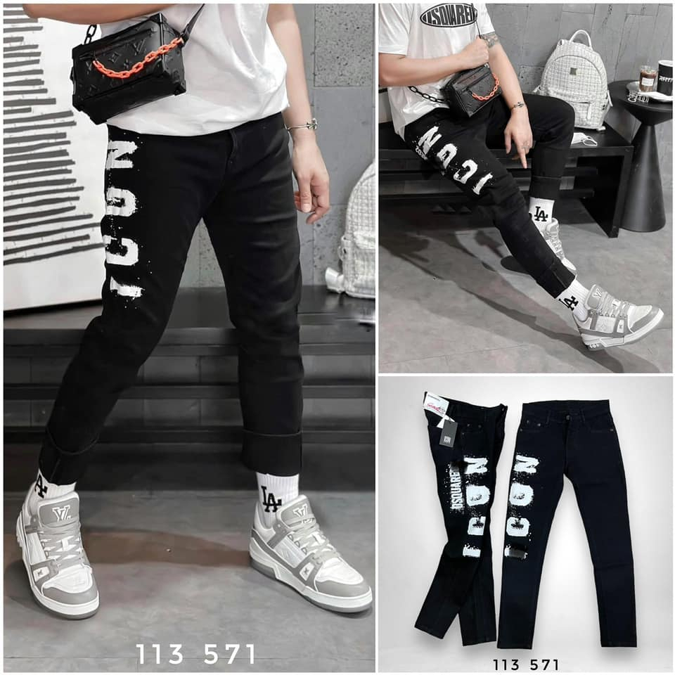 Quần Jean Nam DSQUARED2 ICON Đen Vẩy Sơn Quần Bò Nam ICON Hoạ Tiết Chữ Icon Chạy Dọc Vảy Sơn Bản 4 Khuy