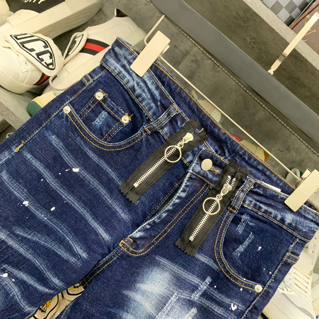 Quần jean nam DSQ2 biker slimfit Quần bò nam xanh trơn thêu 2 khoá zip dọc eo phối mài xước đơn giản basic