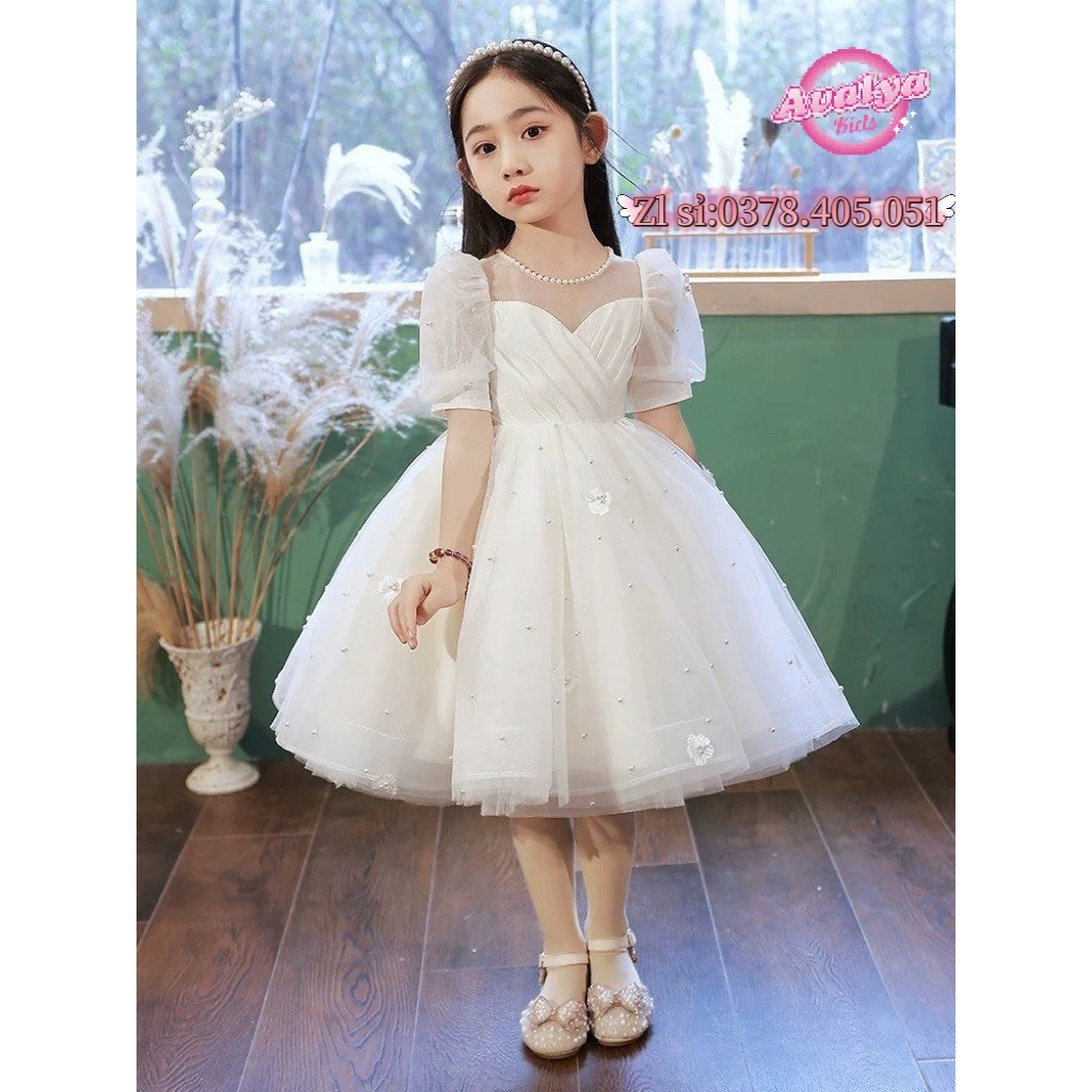 Đầm công chúa Avalya Kids Trắng Đính Ngọc Hoa Thêu cao cấp - váy bé gái cao cấp 8 - 42kg  - MT01