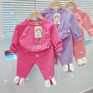 Bộ quần áo nỉ da cá gắn tai thỏ ở quần cho bé gái