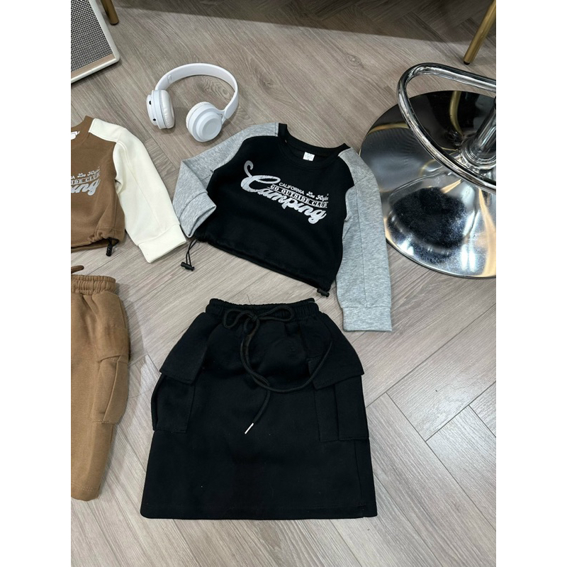 Váy bé gái, set váy thu đông chất nỉ áo rút dây hoạ tiết CAMPING chân váy túi hộp cho bé 12-30kg