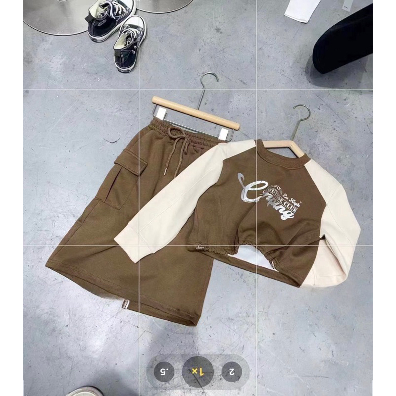 Váy bé gái, set váy thu đông chất nỉ áo rút dây hoạ tiết CAMPING chân váy túi hộp cho bé 12-30kg