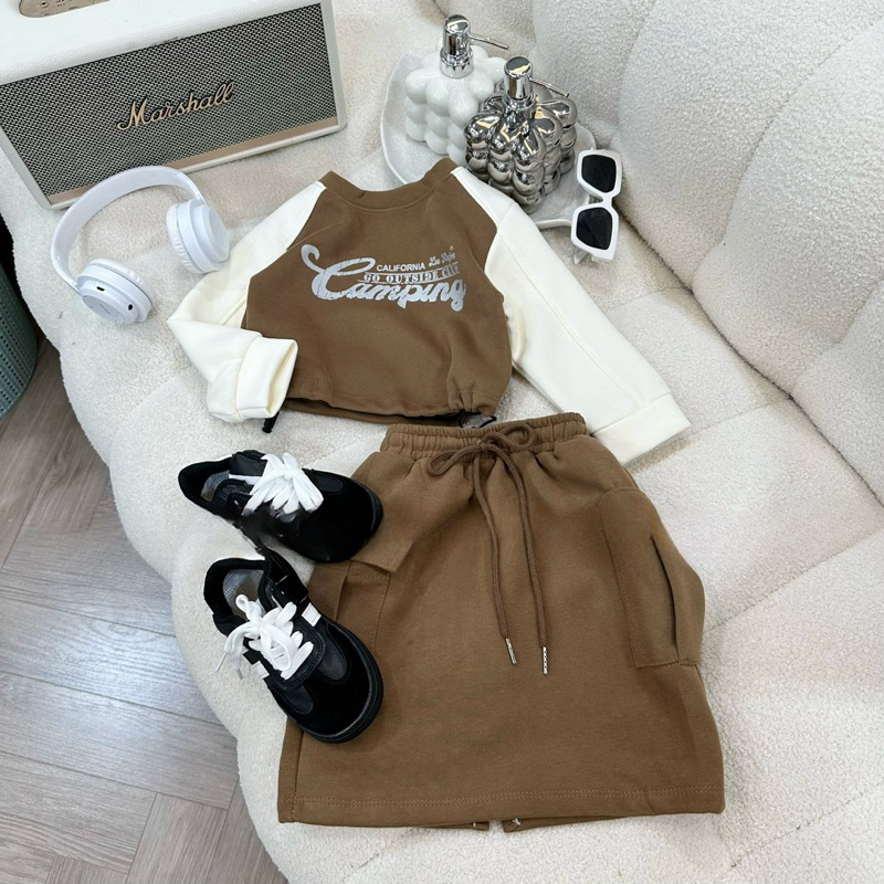 Váy bé gái, set váy thu đông chất nỉ áo rút dây hoạ tiết CAMPING chân váy túi hộp cho bé 12-30kg