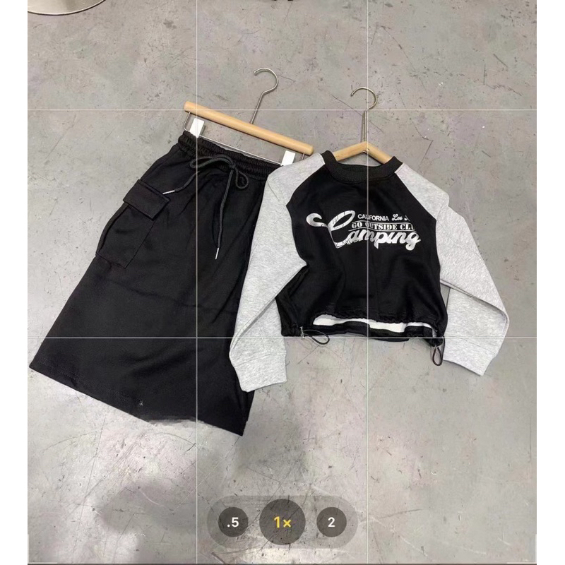 Váy bé gái, set váy thu đông chất nỉ áo rút dây hoạ tiết CAMPING chân váy túi hộp cho bé 12-30kg