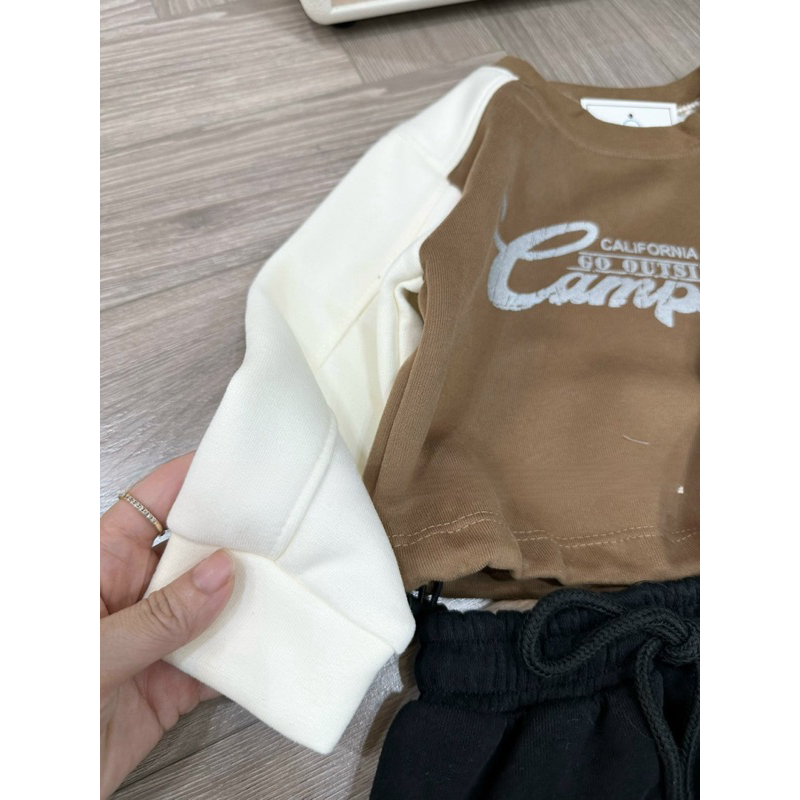 Váy bé gái, set váy thu đông chất nỉ áo rút dây hoạ tiết CAMPING chân váy túi hộp cho bé 12-30kg