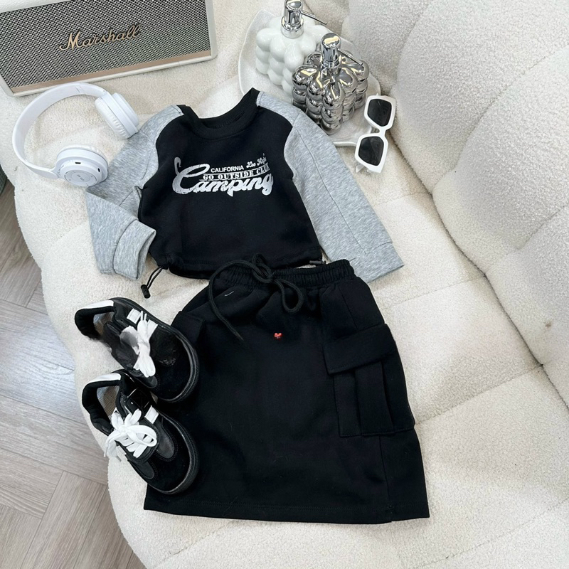 Váy bé gái, set váy thu đông chất nỉ áo rút dây hoạ tiết CAMPING chân váy túi hộp cho bé 12-30kg