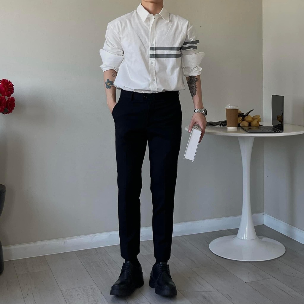 Áo Sơ Mi Tay Dài Họa Tiết Kẻ Ngang Từ Cánh Tay Sang Ngực