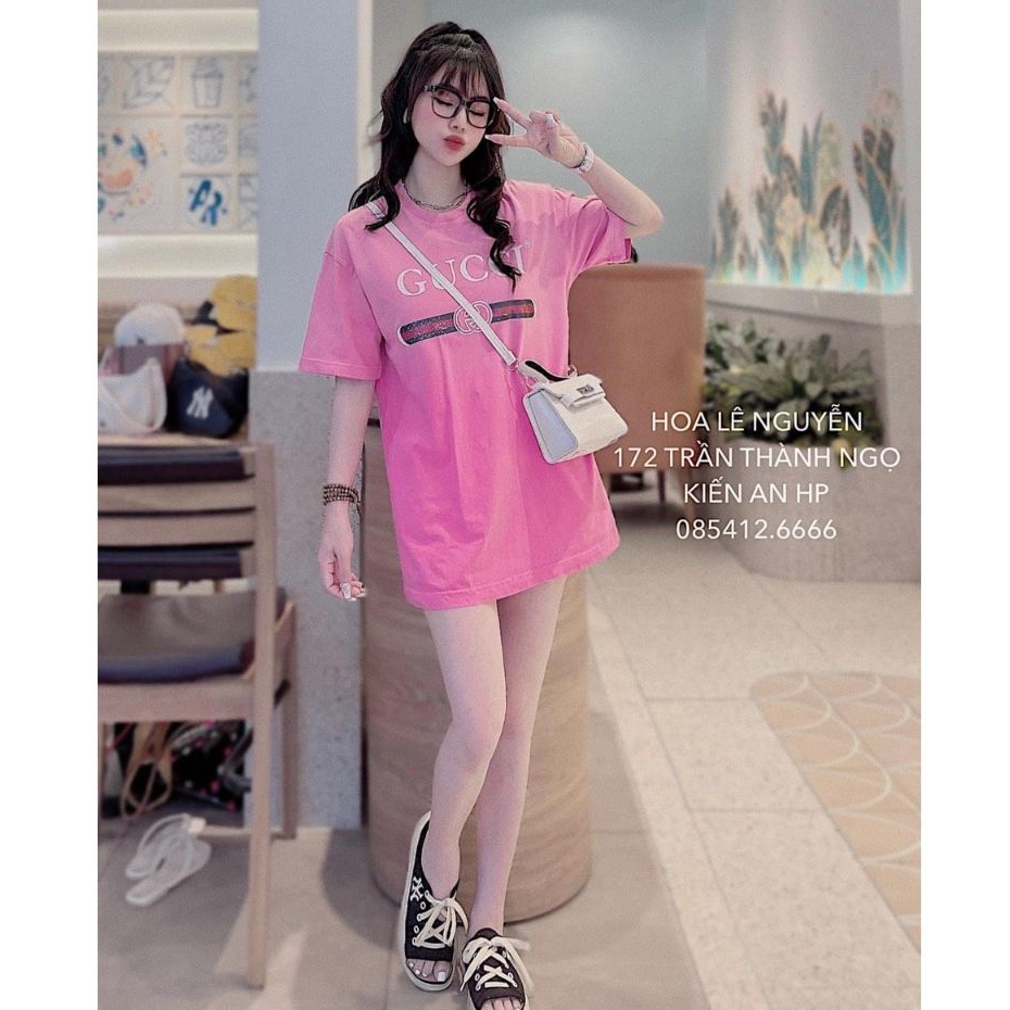 Áo thun nữ dáng rộng màu hồng GGGG xinh xắn