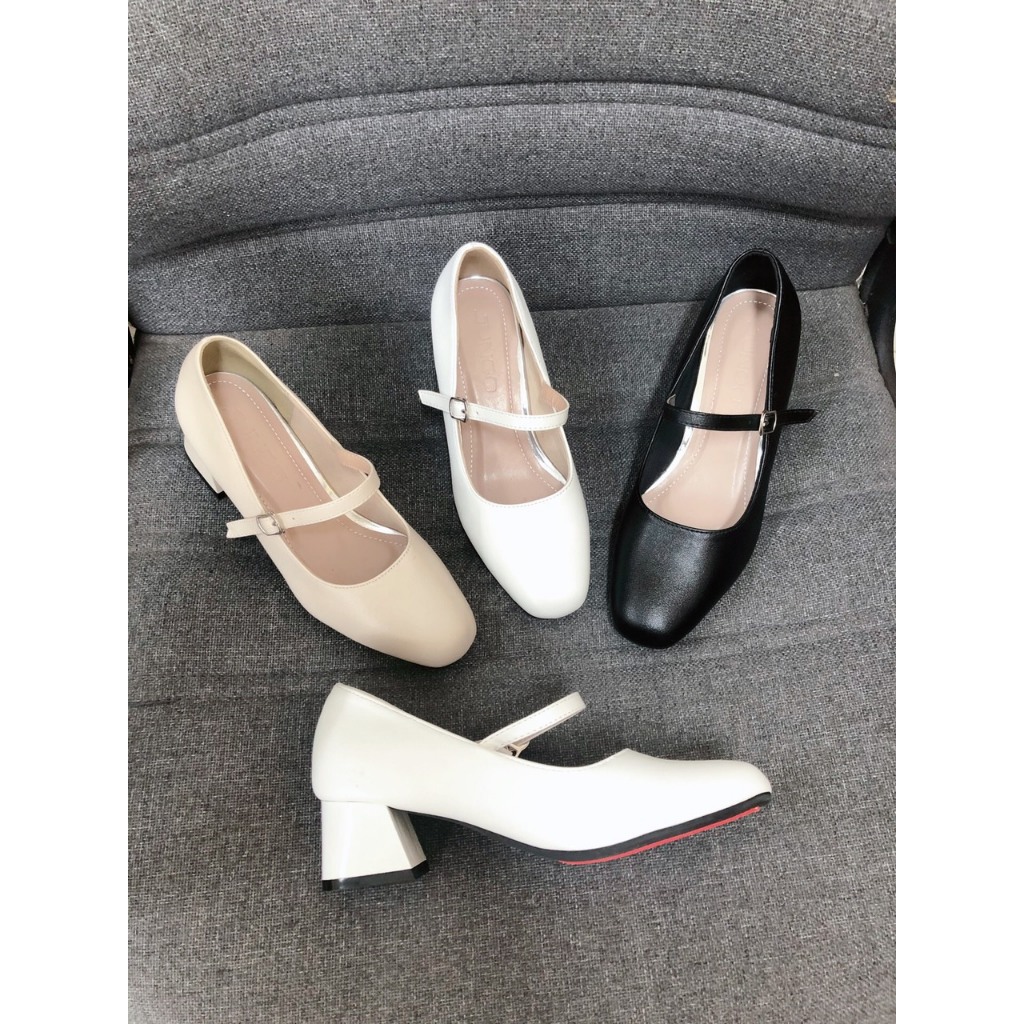 Giày cao gót 3cm có 3 màu đế vuông quai ngang kiểu dáng Mary Janes phong cách Hàn Quốc