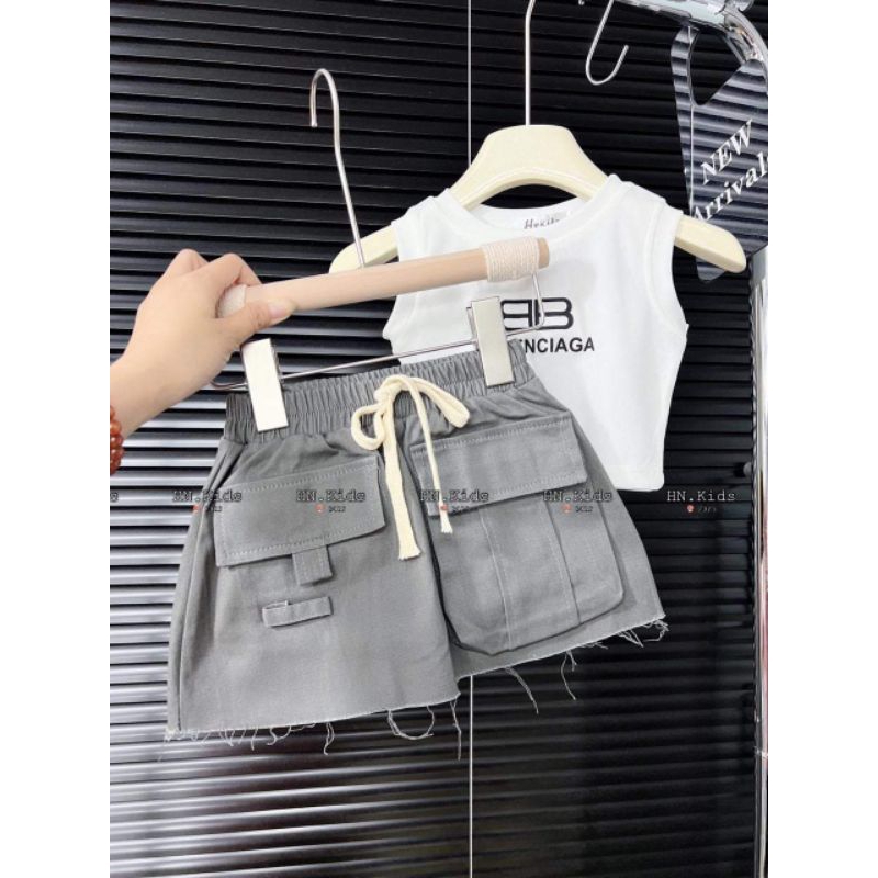 8 đến 28kg.set áo 3 lỗ+chân váy kaki túi hộp hip hop ak.hình thật treo xào ak