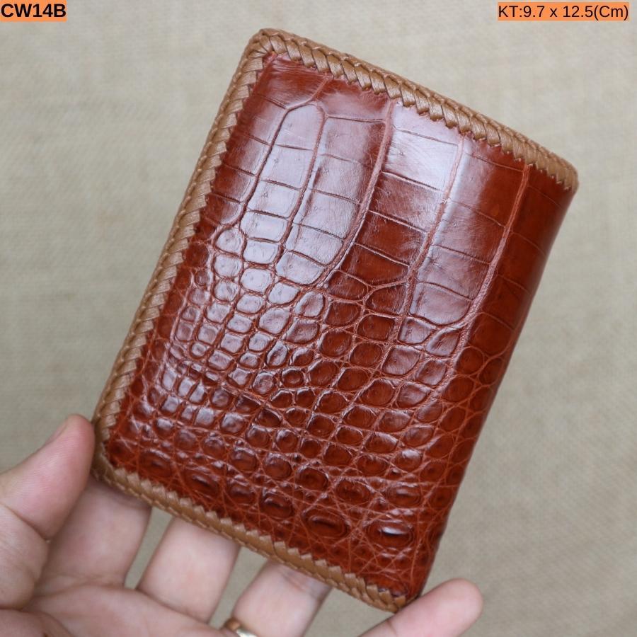 Ví Đứng 2 Mặt Đan Viền Da Bụng Cá Sấu | Hàng Có 3 Màu Đen-Nâu-Bò | Có Giấy Tờ Nguồn Gốc Da Cá Sấu