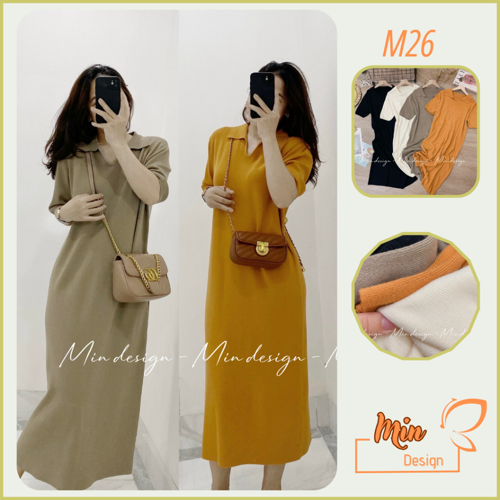 Đầm len suông dáng dài M26 thiết kế cổ V tay bo trẻ trung thanh lịch, chất len lông thỏ dày dặn cực mềm mịn - MIN Design