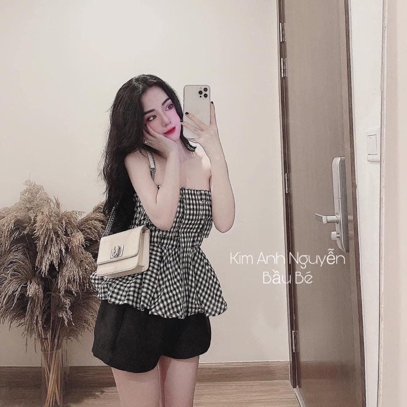 Áo ống dạng xoè vải katê caro FREESIZE