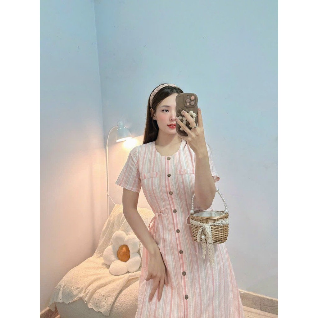 ĐẦM THIẾT KẾ SỌC CARO PHỐI KIỂU NÚT KẾT HỢP DÂY NƠ- Hình shop chụp thật