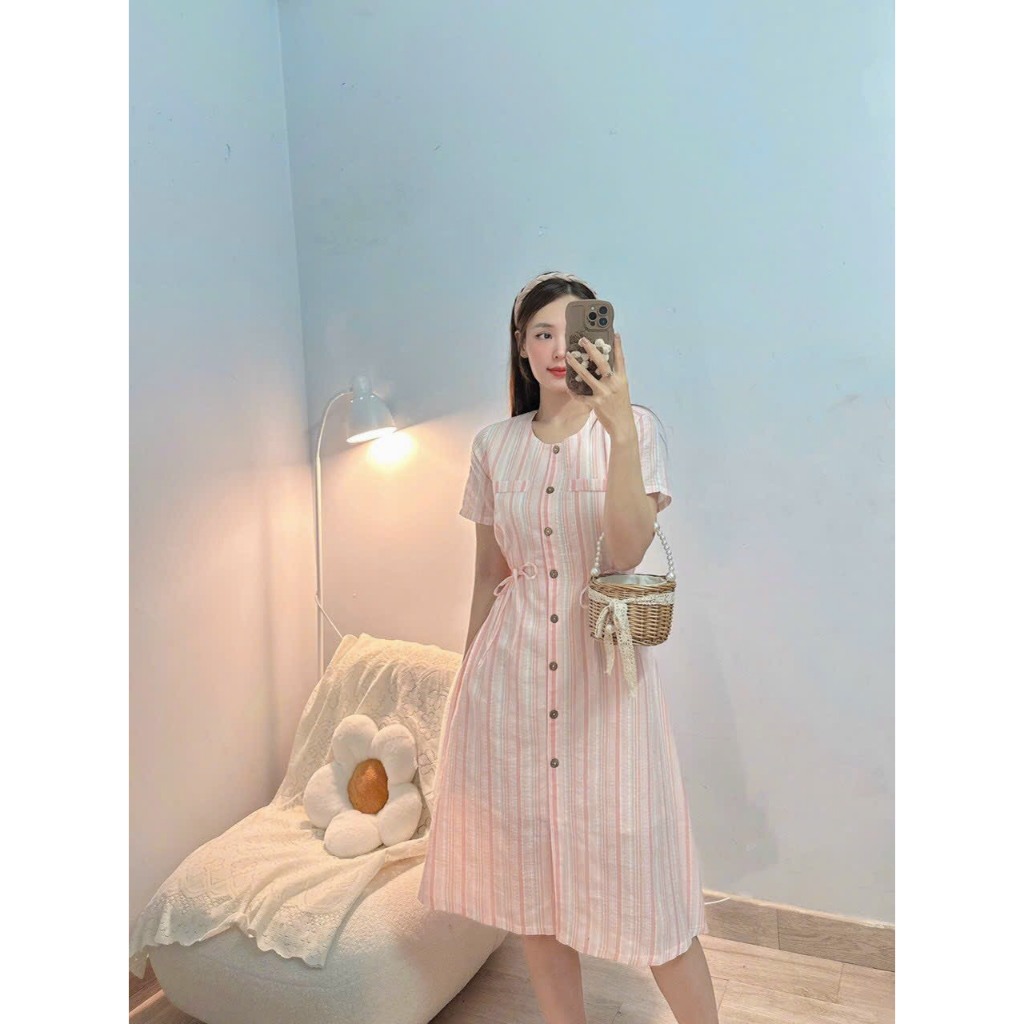 ĐẦM THIẾT KẾ SỌC CARO PHỐI KIỂU NÚT KẾT HỢP DÂY NƠ- Hình shop chụp thật