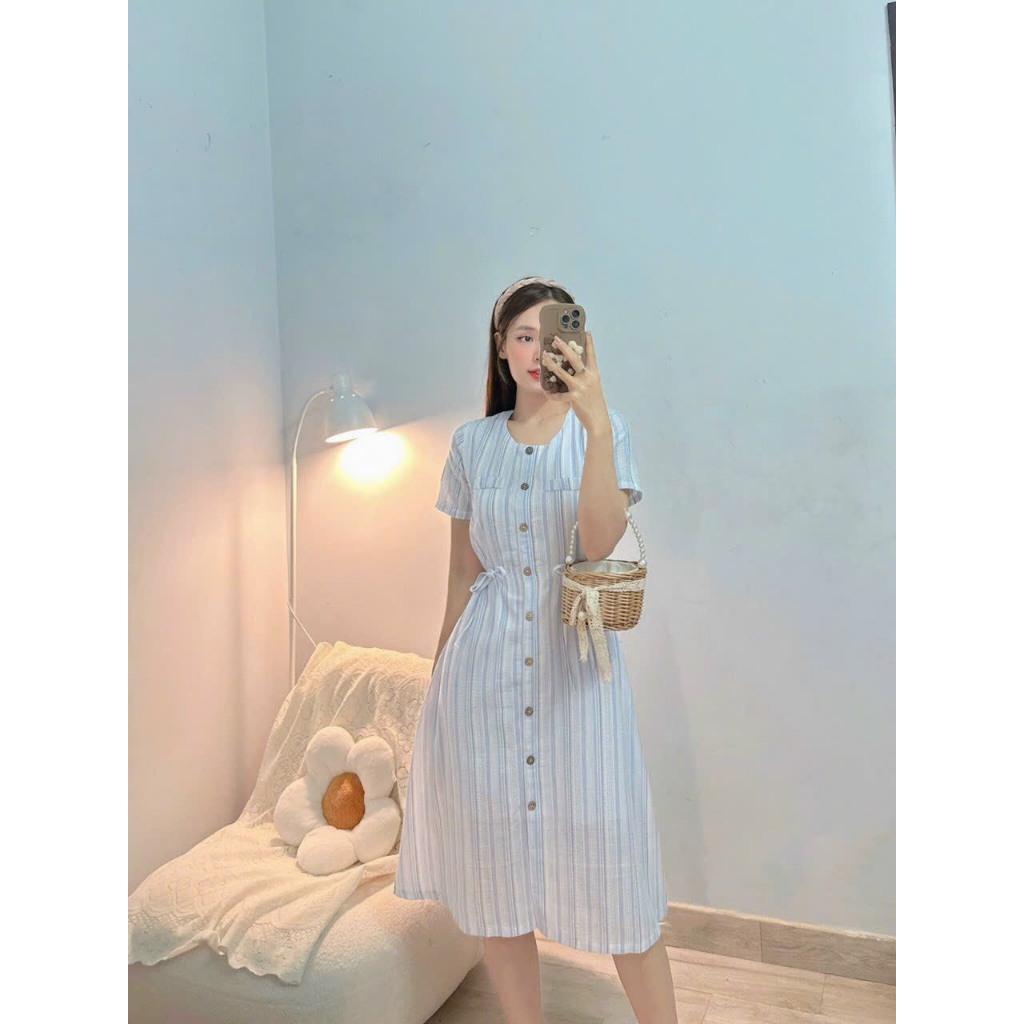 ĐẦM THIẾT KẾ SỌC CARO PHỐI KIỂU NÚT KẾT HỢP DÂY NƠ- Hình shop chụp thật