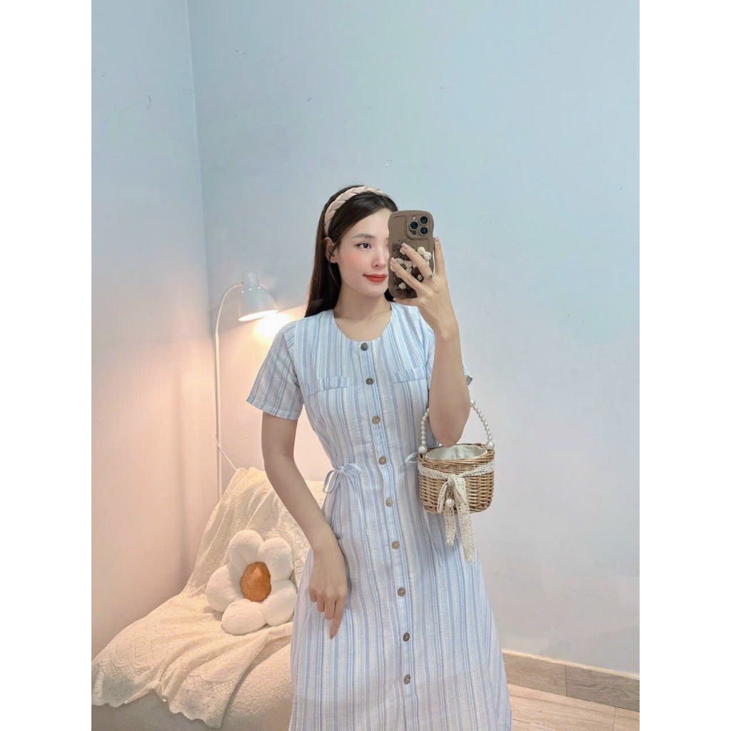 ĐẦM THIẾT KẾ SỌC CARO PHỐI KIỂU NÚT KẾT HỢP DÂY NƠ- Hình shop chụp thật